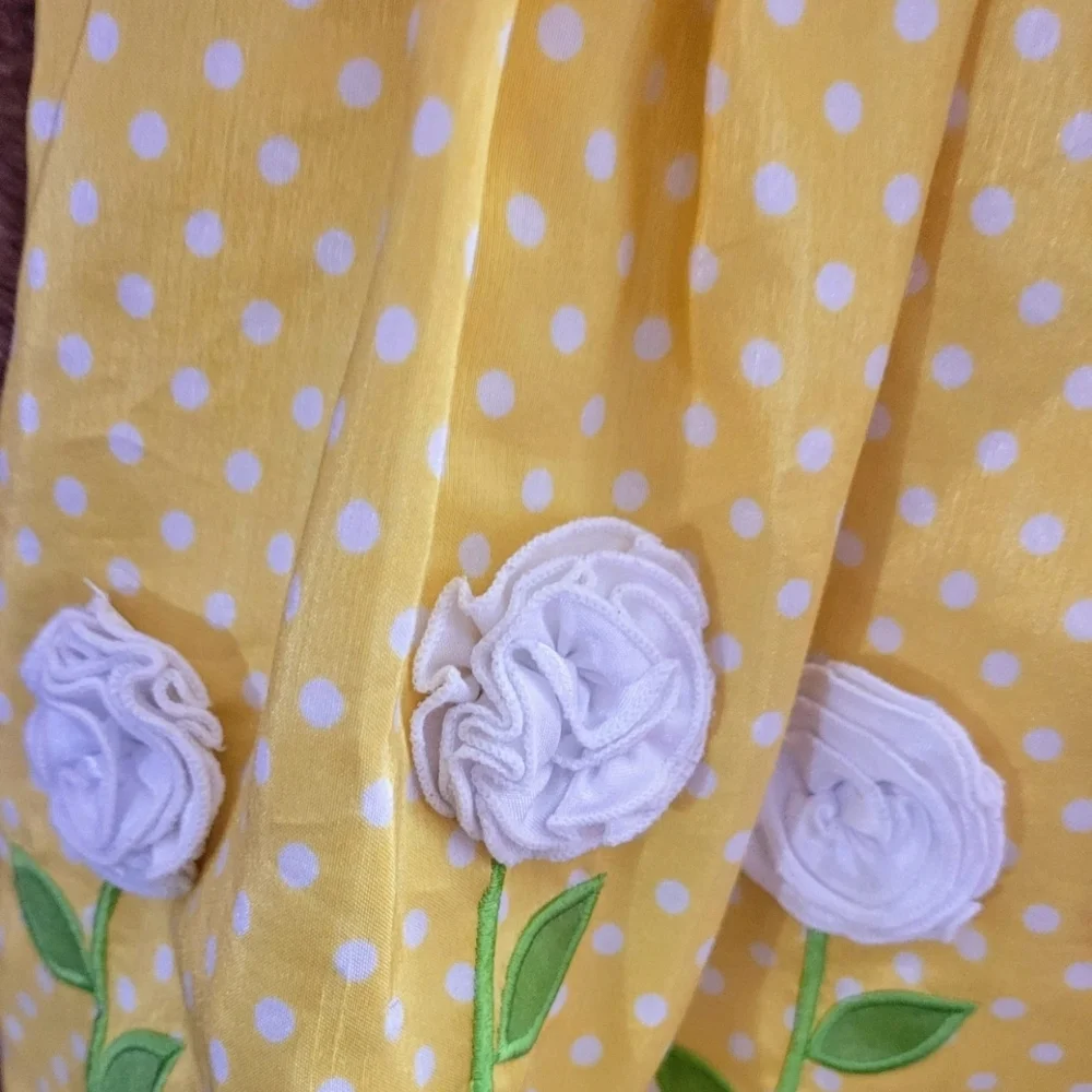 Girls Size 2T Princess Polka Dot Dress Yellow White Flowers Bow Lined Lightweigh